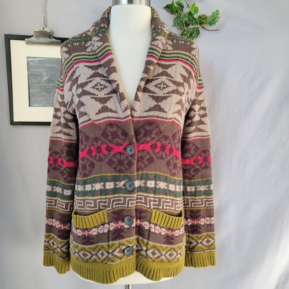 Eddie Bauer Vintage Shawl Collar Aztec Southwest Sweater Jacket Cardigan XS - Picture 2 of 14